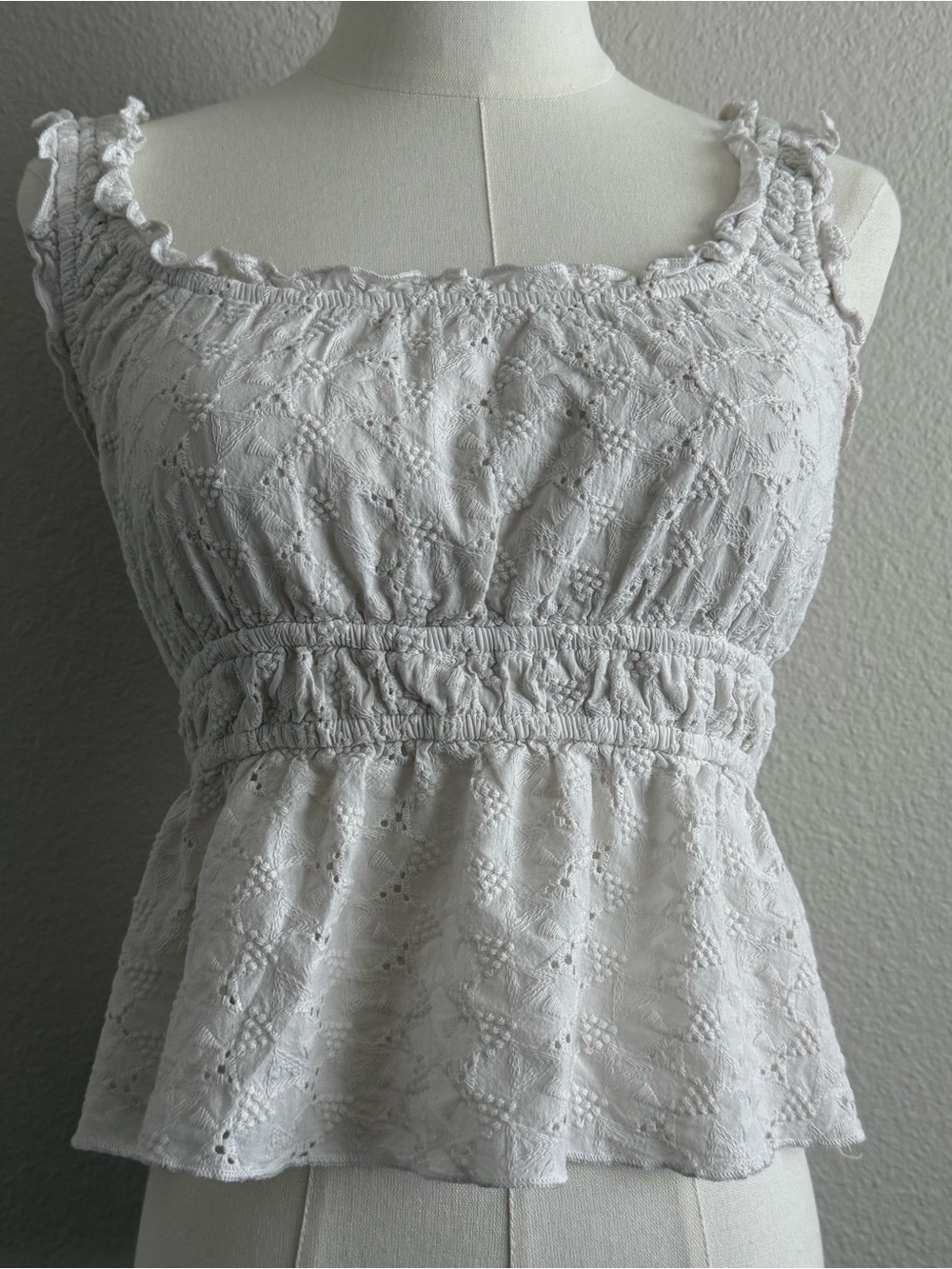 Urban Romantics Cotton Cottagecore White Eyelet Peplum Tank Top S Spring fairy